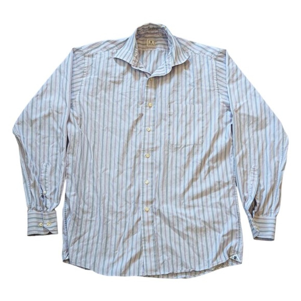 Peter Millar Button Down Shirt‎ Mens Large White Strip Long Sleeve Cotton Pocket
